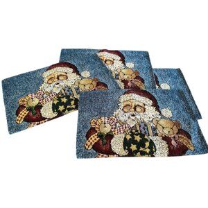 Tapestry Santa Claus Rectangle Placemats Christmas Blue Bears 18" x 10" Set of 4